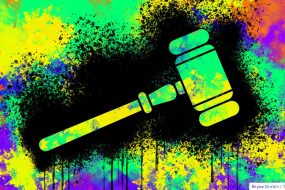 Concept illustration depicting messy litigation; gavel