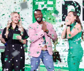 Kevin A. Damoa, Founder & CEO, Glīd, Claire Kroft and Ankit Malhotra, winners of the Startup Battlefield 2025, pose onstage during day three of TechCrunch Disrupt 2025 at Moscone Center on October 29, 2025 in San Francisco, California.