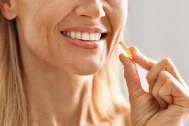 Beauty Supplements. Closeup Smiling Woman
