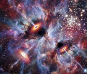 Computer Visualization Showing Baby Black Holes Growing in a Young Galaxy From the Early Universe