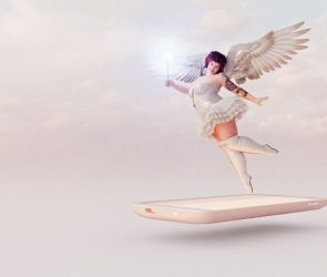 Overweight fairy with tattoos holding glowing wand to grant wish emerges from smart phone screen