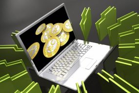 Laptop with bitcoins and files, illustration.