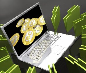 Laptop with bitcoins and files, illustration.