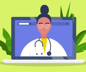 Doctor appointment. Online consultation. Modern healthcare technologies. Hospital. Millennial female therapist. Flat editable vector illustration, clip art