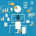 Drawing depicting Data monitoring and analysis concept with woman sitting at computer looking at data and various tables and graphs surrounding it.