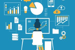 Drawing depicting Data monitoring and analysis concept with woman sitting at computer looking at data and various tables and graphs surrounding it.