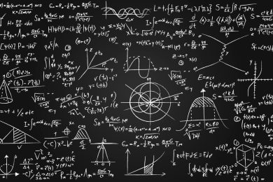 Image of math equations written on a blackboard.