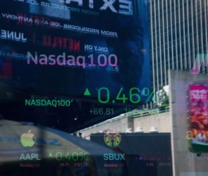 Stock market information at the Nasdaq MarketSite in New York, US, on Friday, June 9, 2023.