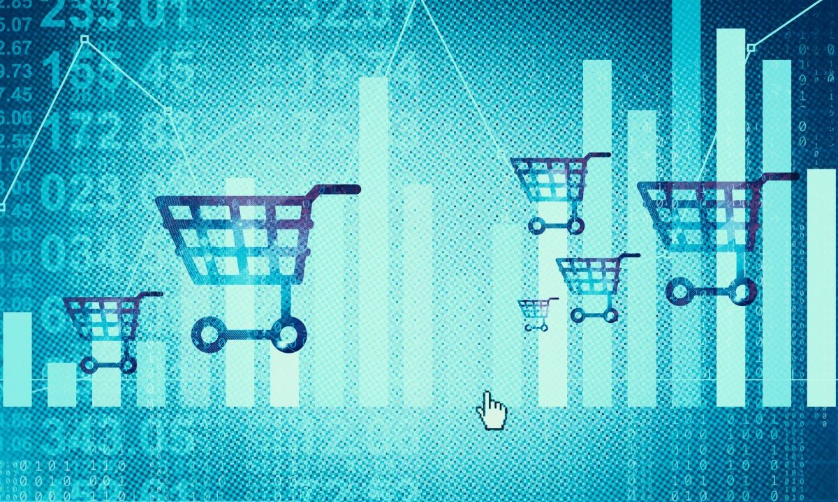 Multiple shopping carts over a data background to illustrate customer data.