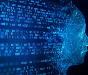 AI robot face and programming code on a black background.