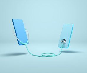 Concept design Online Doctor. Two Phones using stethoscope.