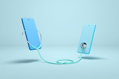 Concept design Online Doctor. Two Phones using stethoscope.