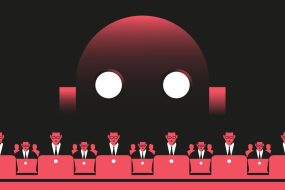 Enterprise, Employees at the computers and giant robot illustration