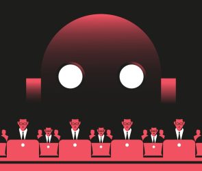 Enterprise, Employees at the computers and giant robot illustration