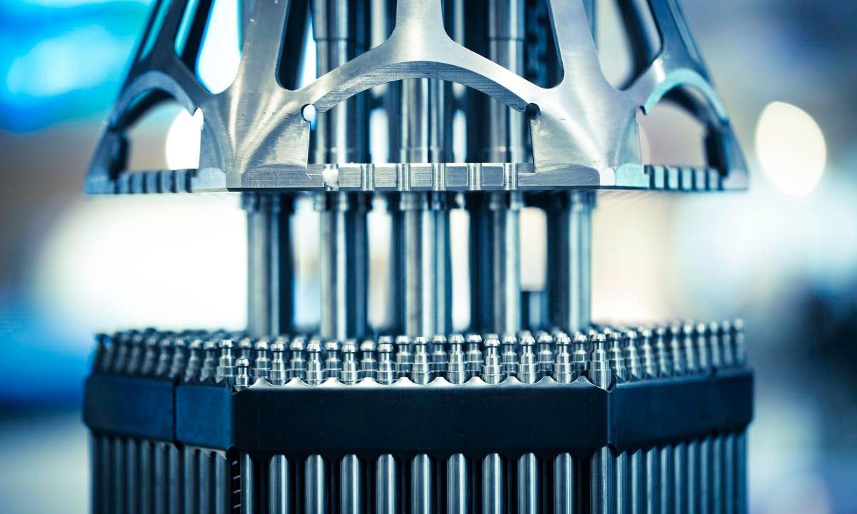 Nuclear fuel rods sit ready for insertion into a reactor.