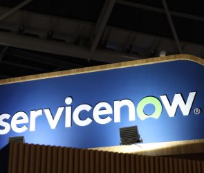 ServiceNow logo at Singapore FinTech Festival in November 2023.