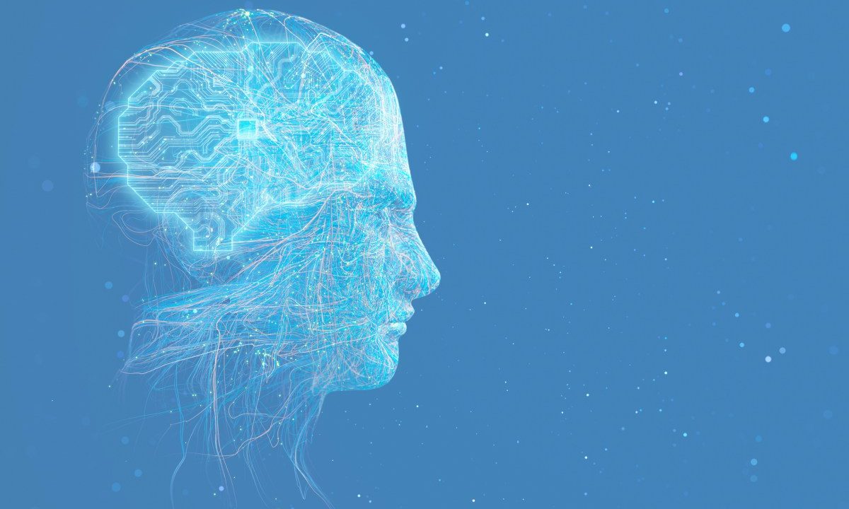 Artificial General Intelligence robot with a glowing circuit brain.