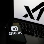 The Grok logo appears on a phone and the xAI logo is displayed on a laptop.