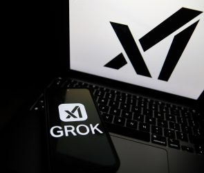 The Grok logo appears on a phone and the xAI logo is displayed on a laptop.