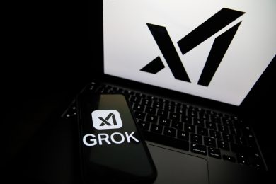 The Grok logo appears on a phone and the xAI logo is displayed on a laptop.