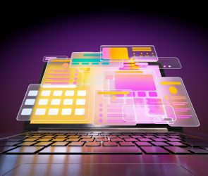 Digital generated animated video of multicoloured social media icons and data screens moving out from opened laptop against dark purple background.