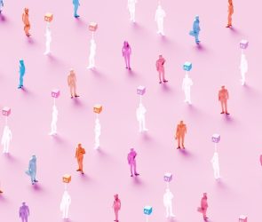 3D rendered conceptual illustration of numerous business figures evenly scattered across a soft pink background: solid colored human workers standing alongside identical translucent ghost-like figures, each translucent worker marked by a glowing “AI” symbol hovering above – powerful visualization of artificial intelligence replacing human workforce, solid employees mixed with their AI-replaced counterparts, automation displacing jobs, digital transformation eliminating roles, technological unemployment, workforce disruption, future of work with AI substitution, and the new era where real human workers are gradually replaced by artificial intelligence.