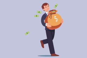 man in suit carrying bag of money