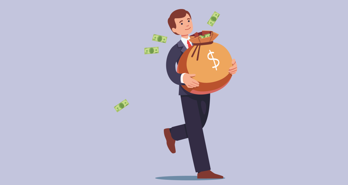 man in suit carrying bag of money