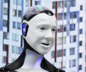 Humanoid Robot Speaking City Downtown