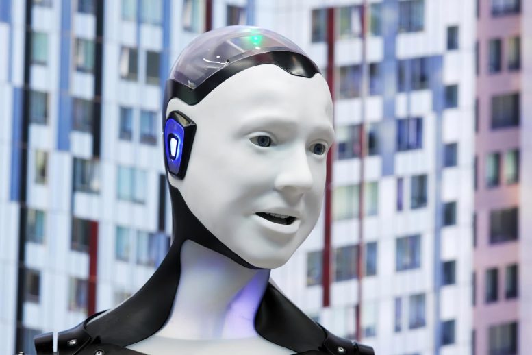 Humanoid Robot Speaking City Downtown