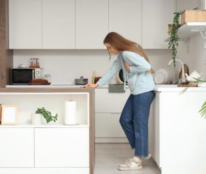 Young Woman Panic Attack Breathing Problem Kitchen