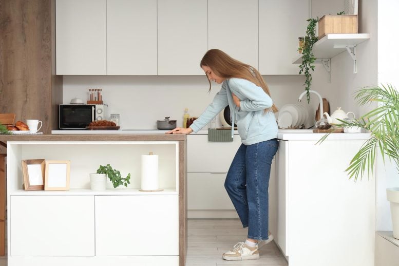 Young Woman Panic Attack Breathing Problem Kitchen