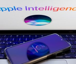 The Apple Siri and Apple Intelligence are being displayed on a smartphone screen and in the background.