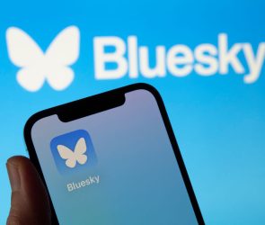 The image shows the icon of Bluesky, the new decentralized social network created by Twitter co-founder Jack Dorsey.