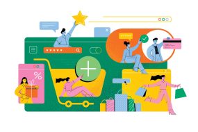 graphic depicting people shopping, buying, paying and rating online.