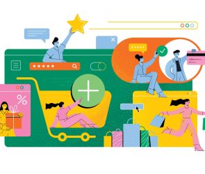 graphic depicting people shopping, buying, paying and rating online.