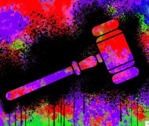 Concept illustration depicting messy litigation with an illustrated gavel on a multicolored background