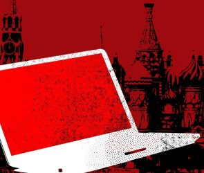 graphic depiction of open laptop overlaying Red Square in Moscow