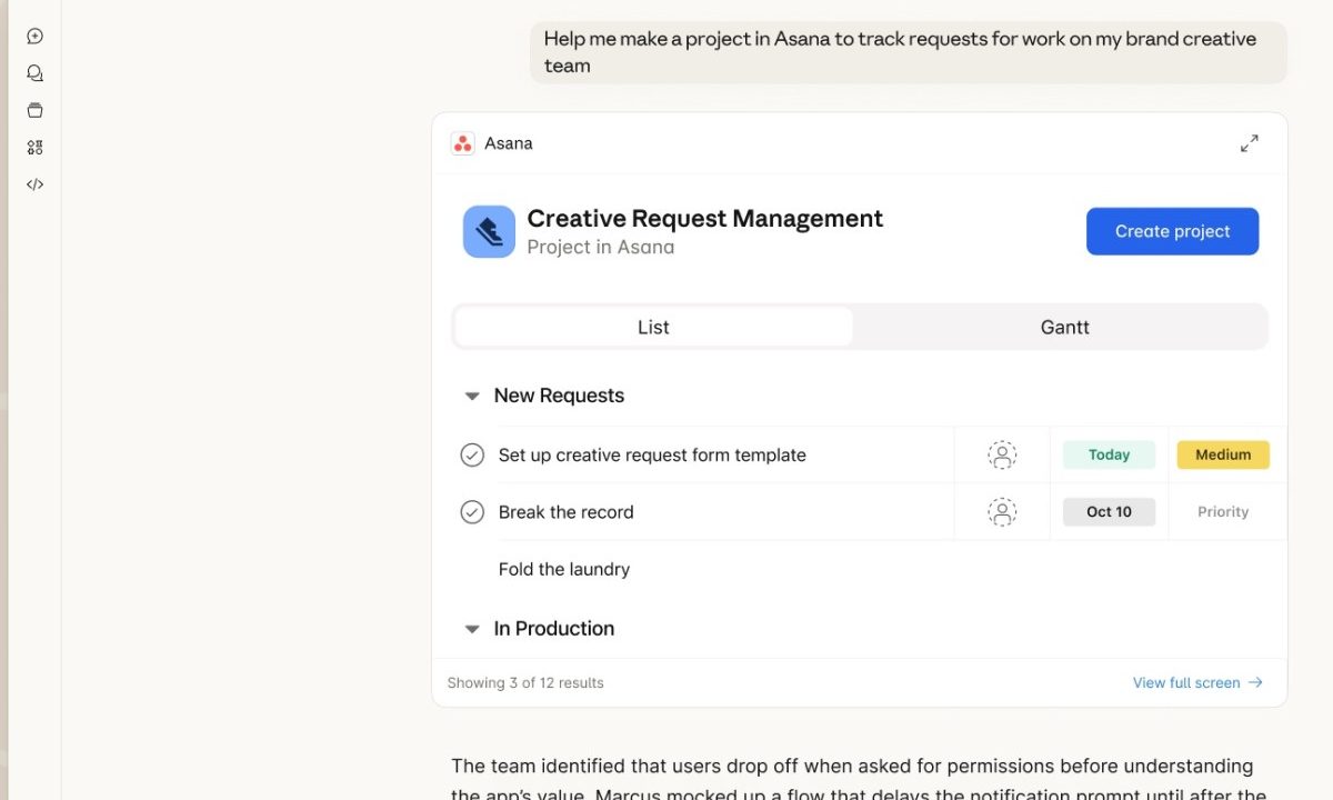screenshot of Asana app in Claude