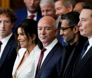 Mark Zuckerberg, chief executive officer of Meta Platforms Inc., from left, Lauren Sanchez, Jeff Bezos, founder of Amazon.com Inc., Sundar Pichai, chief executive officer of Alphabet Inc., and Elon Musk, chief executive officer of Tesla Inc., during the 60th presidential inauguration in the rotunda of the US Capitol in Washington, DC, US, on Monday, Jan. 20, 2025. Donald Trump's Monday swearing-in marks just the second time in US history that a president lost the office and managed to return to power - a comeback cementing his place within the Republican Party as an enduring, transformational figure rather than a one-term aberration.