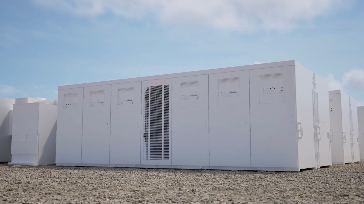 A rendering shows Tesla's Megablock energy storage system.