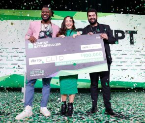 Kevin A. Damoa, Founder & CEO, Glīd, Claire Kroft and Ankit Malhotra, winners of the Startup Battlefield 2025, pose onstage during day three of TechCrunch Disrupt 2025 at Moscone Center on October 29, 2025 in San Francisco, California.