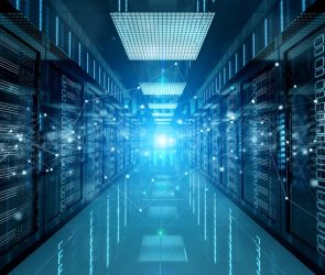 Blue tinted server room with overlay showing connections between the different equipment racks.