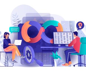 DevOps concept in flat design. Development operations scene template. Team of programmer working at laptop, coding, testing, engineering process. Vector illustration of people characters activities