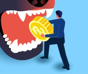 Image of a cartoon tiger with a business man putting a coin in its mouth