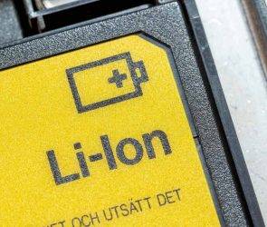 A label sits affixed to a lithium-ion battery.