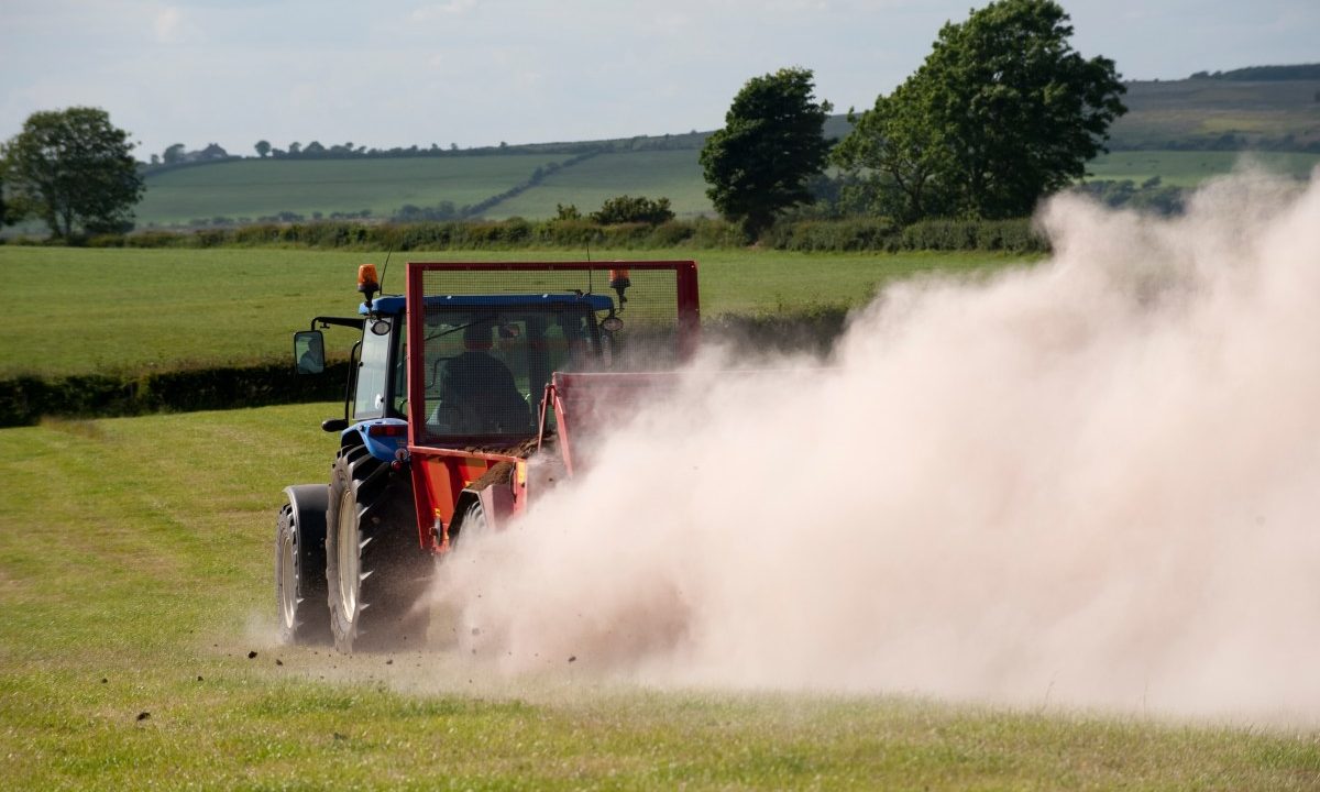 Farmer spreading chicken manure mixed with lime on newly harvested meadow