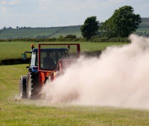 Farmer spreading chicken manure mixed with lime on newly harvested meadow