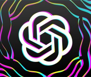 OpenAI logo with colorful, symmetrical background