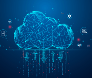 Drawing of a cloud on a blue background with arrows going in and out of the cloud to show the syncing concept.